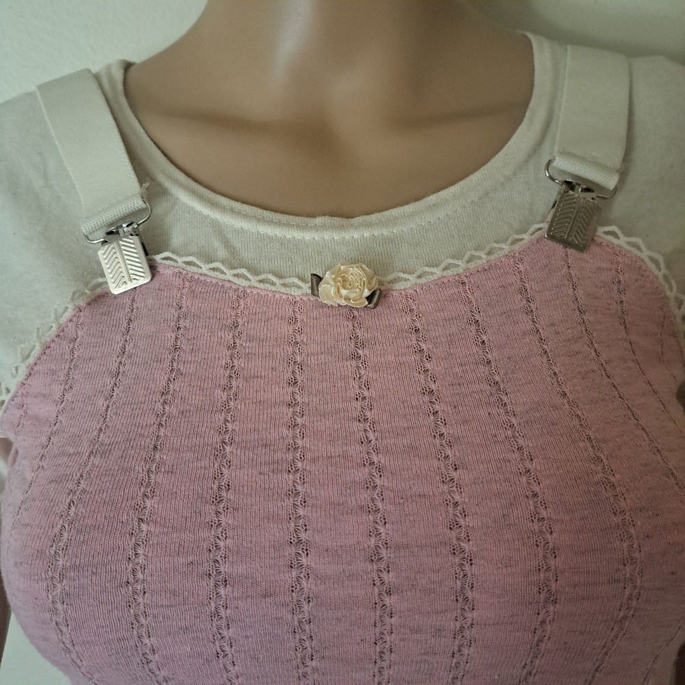 Teeny Pink & Cream Rosette Corset Look Cropped Tshirt XXs/Xs - Picture 3 of 5
